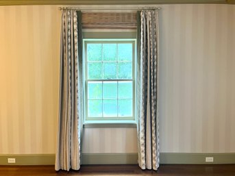 A Set Of Fine Custom Embroidered Linen Draperies - Lined - Insulated - Shades And Velvet Cornice