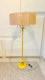 Vintage Muted Yellow & Black Toile Floor Lamp W/ Monumental Wool Yarn Barrel Shade