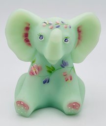 FENTON ART GLASS Green Burmese Sitting Elephant Hand Painted And Artist Signed
