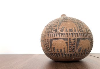 African Carved Calabash Gourd With Elephant Motif