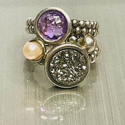 Wonderful Checkers Cut Amethyst/Pearl Silver Ring