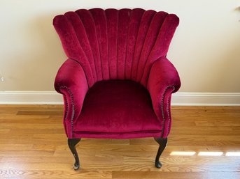 A Fabulous Vintage Red Velvet Scalloped Wingback Chair