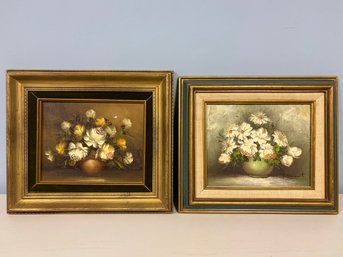 Vintage Floral Still Life Oil On Canvas Paintings, Signed