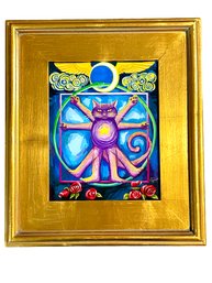 John Deecken Signed Painting On Wood. De Vinci Cat