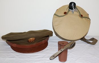Military Visor Cap, Canteen & Mess Kit Utensil Set