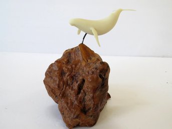 Vintage 1970s John Perry White Humpback Whale Sculpture On Burl Wood Base
