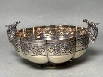 Vintage Sanborns Mexico Sterling Silver Aztec Rose Bird Handled Desert Bowl