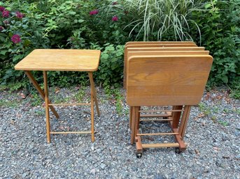 Set Of Wooden Folding TV Tables On Stand