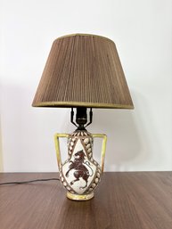 Hand Painted Ceramic Vessel Lamp With Pleated Shade