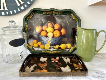 Two Decorative Trays, Drink Dispenser, & Pitcher