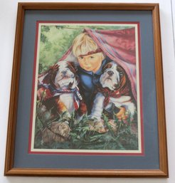 Adorable Framed ' A Boy And His Dogs' Signed Print