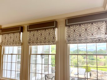 A Group Of 9 Beautiful Custom Waterfall Shades With Contrasting Cornices - Lined