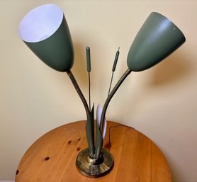 Laural Lamp Co. Enamel & Brass Double Gooseneck Cattail Lamp