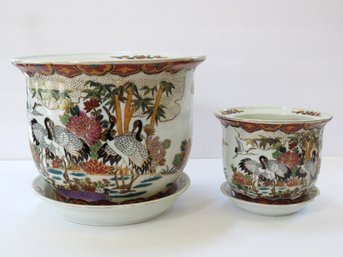 Vintage Chinese Porcelain Crane Planters With Matching Underplates