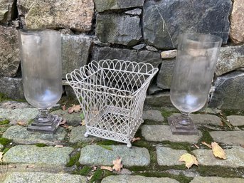 2 Glass Hurricane Vase/wire Planter Box