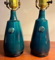 Pair Of Mid Century Lamps - Blue Glazed Terracotta