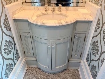 An Elegant  Marble Top Bow Front Vanity - Perrin & Rowe Hardware - Powder Room - Removed & Ready For Pickup