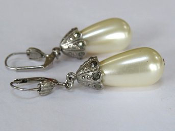Teardrop Pearl Marcasite Lever Back Dangle Earrings
