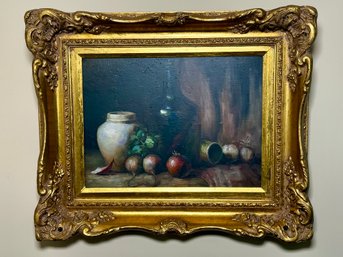 Gorgeous Signed C. Hopkins Vegetable Still Life Oil Painting With Ornate Gilded Frame