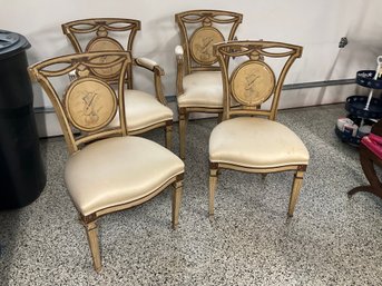 4 Vintage Painted Dining Room Chairs With Cream Silk Seats