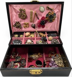 Vintage Costume Jewelry Brooch Pin & Clip Earring In Jewelry Box