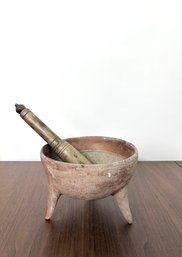 Terracotta Earthenware Molcajete With Carved Wood Pestle