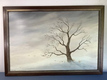 Signed Painting On Board Of Tree & Birds In Snow