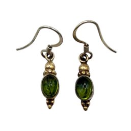 (A6) Sterling Silver Green Cabochon Dangle Earrings