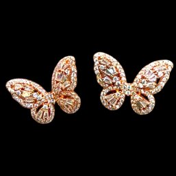 (A7) Sterling Silver Rose Gold Vermeil Clear Stones Butterfly Stud Earrings