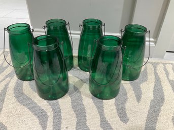 6 Green Glass Candle Lanterns