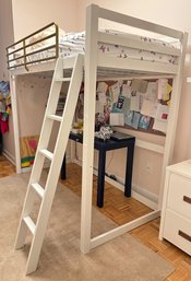 Metal Twin Size Loft Bed With Ladder, Pottery Barn Kids & The Land Of Nod Bedding (Mattress Optional)
