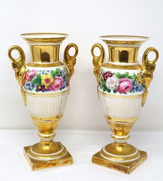 Pair Of Hand-Painted Floral & Gilded Paris Style Porcelain Vases