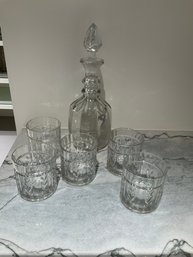 5 Anchor Hocking Laurel Leaf Pattern Lowball Glasses And Decanter