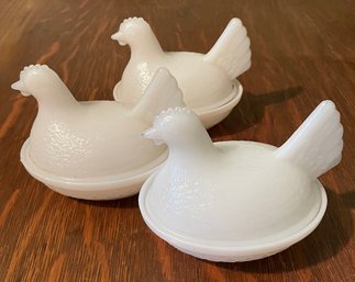 3 Vintage Milk Glass HEN ON NEST Lidded Dishes