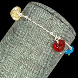 (A26) HAN Sterling Silver Beaded Bracelet With Multi Color Heart Charms