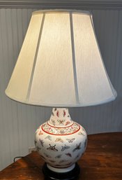 Porcelain Table Lamp On Wood Stand With Silk Shade