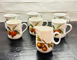 Set Of 7 - Royal Worcester Evesham Gold Trim Mugs & Creamer