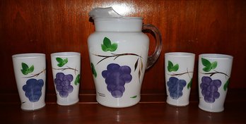 MCM Bartlett Collins Hand Painted Grape White Glass Pitcher & 4 Tumblers