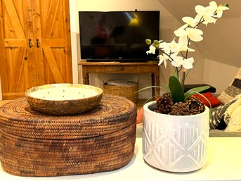 Rattan Basket, Farmhouse Rug & Planter Group  (LOC F:2)