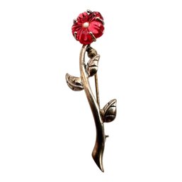 (B82) Sterling Silver Red Flower Brooch