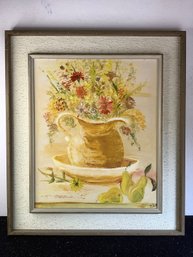 Signed Oil On Board Of Wildflowers In Pitcher With Pears