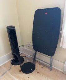 Adjustable Folding Table, Waste Basket, Tower Fan