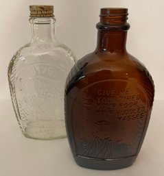 Two Vintage Log Cabin Syrup Bottles - Patriotic