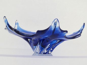 Beautiful Murano Style Cobalt Blue Curled Leaf Art Glass Dish