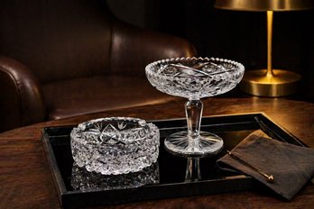 Pair Of Vintage Cut Crystal Serving Pieces Pedestal Compote And Deep Cut Bowl Estate Heirloom Group