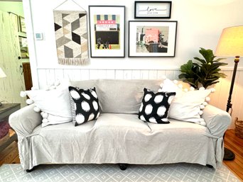 Slip Covered Club Sofa With Decorative Down Pillows  (LOC F:2)