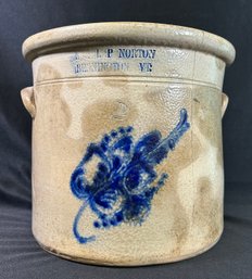 Antique E & L.P. Norton Bennington, VT. Two-gallon Stoneware Crock With A Cobalt Blue Leaf Decoration.