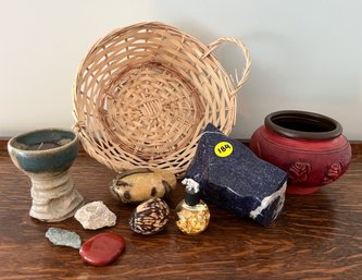 Polished Rock, Gold Leaf And Pottery Lot