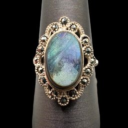 (B105) Sterling Silver Oval Marcasite Abalone Ring, Size 9