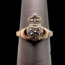 (B106) Sterling Silver Marcasite Claddagh Ring, Size 6.75